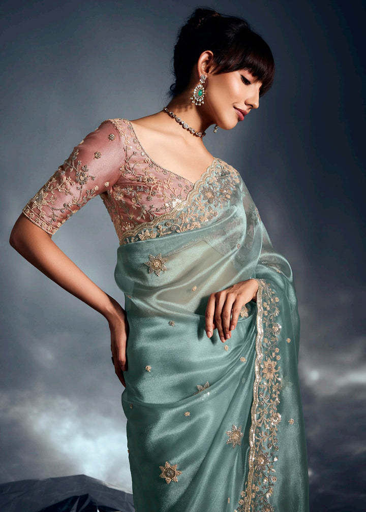 Buy Green Organza Khatli Work Designer Party Saree Online in USA, UK, Canada, France, Germany, Italy, Denmark, UAE, Singapore, Belgium & Worldwide at Empress.