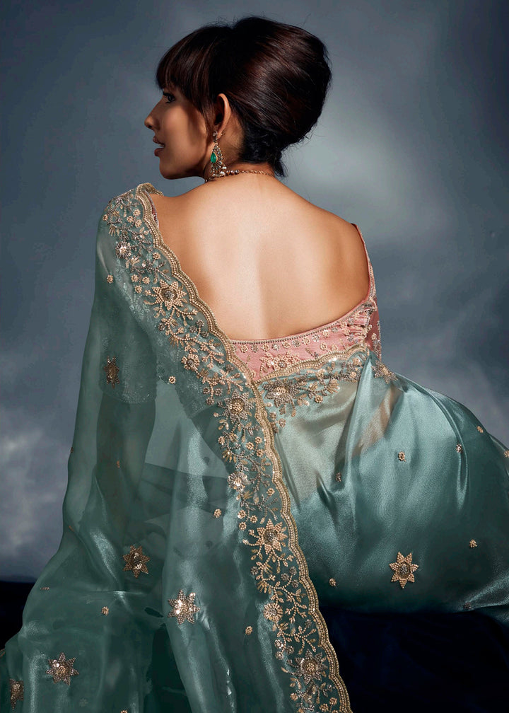 Buy Green Organza Khatli Work Designer Party Saree Online in USA, UK, Canada, France, Germany, Italy, Denmark, UAE, Singapore, Belgium & Worldwide at Empress.