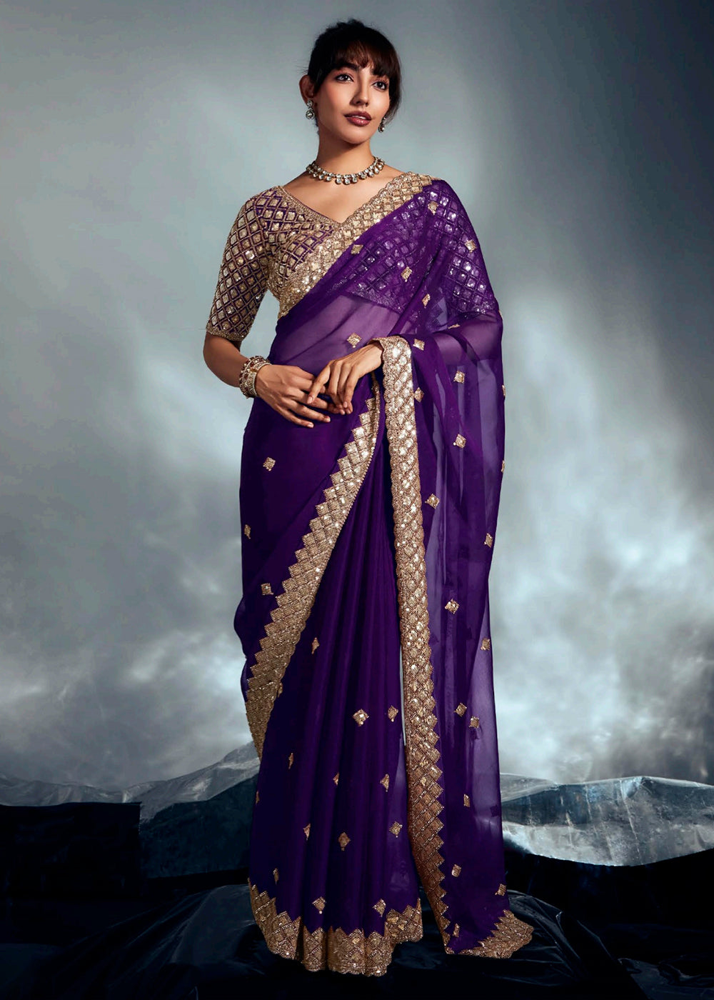 Buy Purple Organza Khatli Work Designer Party Saree Online in USA, UK, Canada, France, Germany, Italy, Denmark, UAE, Singapore, Belgium & Worldwide at Empress.