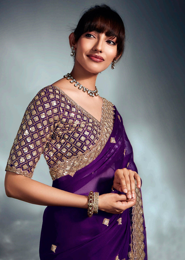 Buy Purple Organza Khatli Work Designer Party Saree Online in USA, UK, Canada, France, Germany, Italy, Denmark, UAE, Singapore, Belgium & Worldwide at Empress.