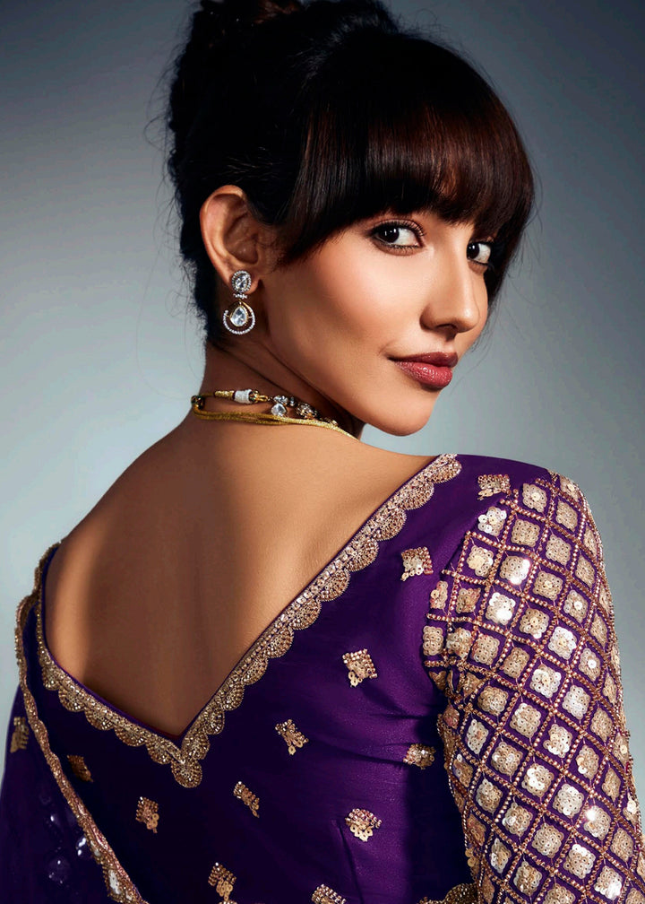Buy Purple Organza Khatli Work Designer Party Saree Online in USA, UK, Canada, France, Germany, Italy, Denmark, UAE, Singapore, Belgium & Worldwide at Empress.