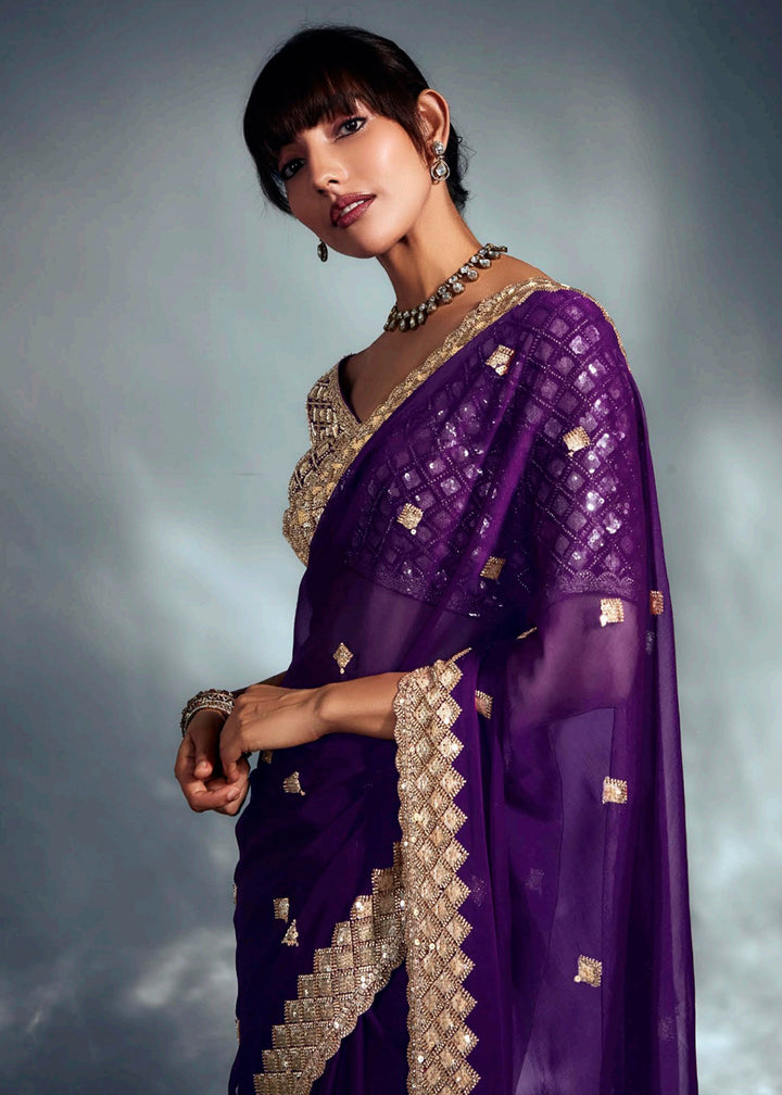 Buy Purple Organza Khatli Work Designer Party Saree Online in USA, UK, Canada, France, Germany, Italy, Denmark, UAE, Singapore, Belgium & Worldwide at Empress.