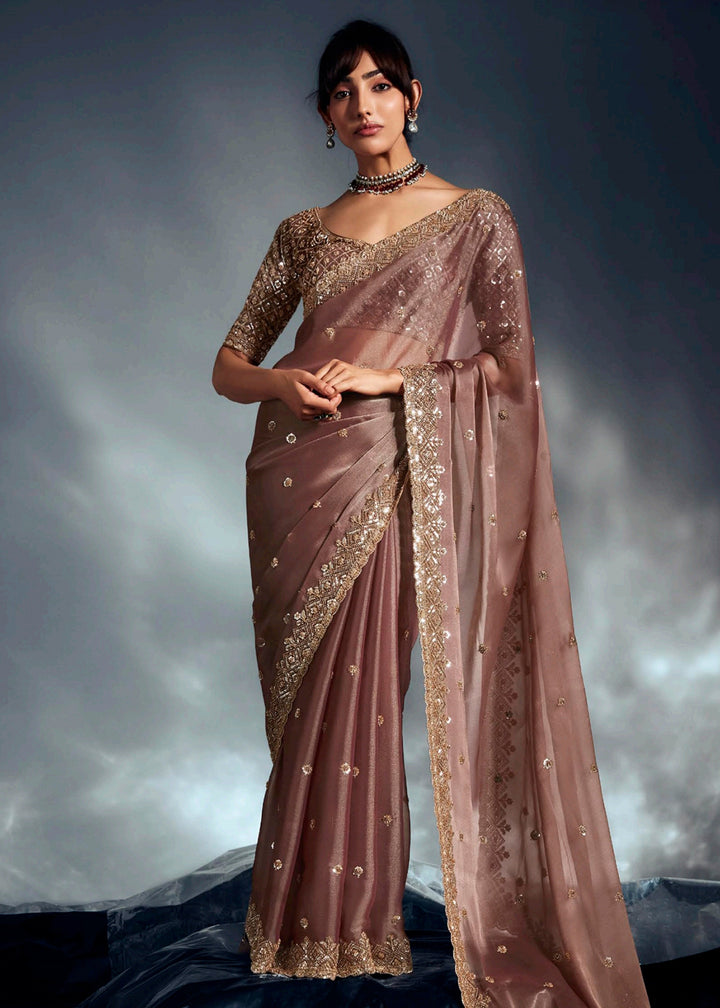 Buy Dusky Brown Organza Khatli Work Designer Party Saree Online in USA, UK, Canada, France, Germany, Italy, Denmark, Singapore, Belgium & Worldwide at Empress.