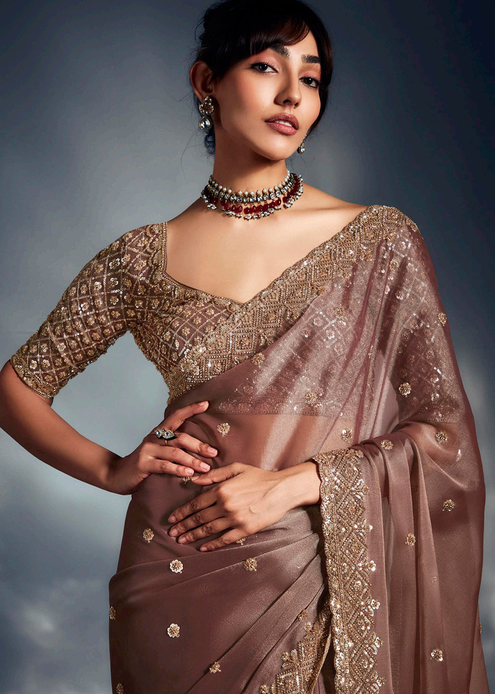Buy Dusky Brown Organza Khatli Work Designer Party Saree Online in USA, UK, Canada, France, Germany, Italy, Denmark, Singapore, Belgium & Worldwide at Empress.