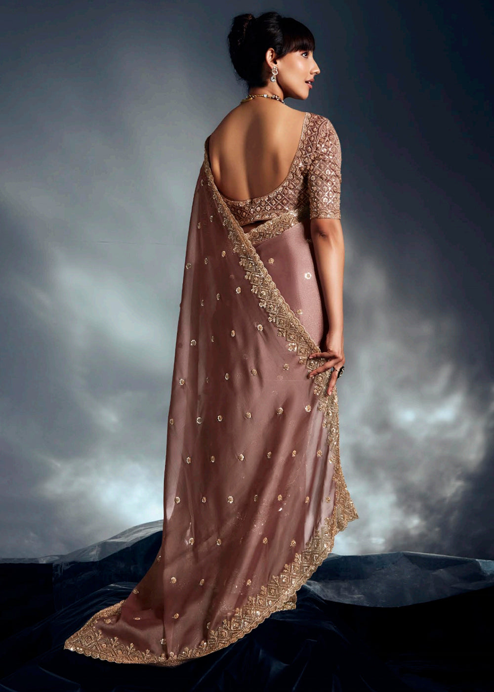 Buy Dusky Brown Organza Khatli Work Designer Party Saree Online in USA, UK, Canada, France, Germany, Italy, Denmark, Singapore, Belgium & Worldwide at Empress.