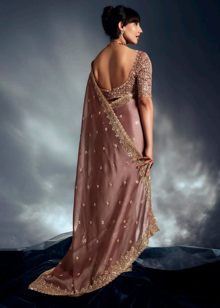 Buy Dusky Brown Organza Khatli Work Designer Party Saree Online in USA, UK, Canada, France, Germany, Italy, Denmark, Singapore, Belgium & Worldwide at Empress.
