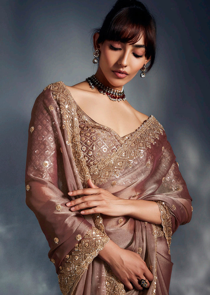 Buy Dusky Brown Organza Khatli Work Designer Party Saree Online in USA, UK, Canada, France, Germany, Italy, Denmark, Singapore, Belgium & Worldwide at Empress.