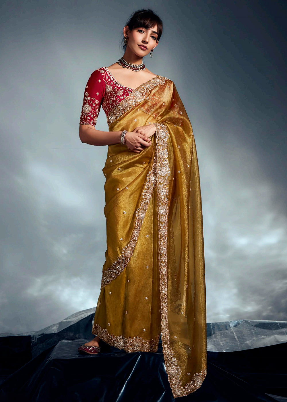 Buy Mustard Organza Khatli Work Designer Party Saree Online in USA, UK, Canada, France, Germany, Italy, Denmark, Singapore, Belgium, UAE & Worldwide at Empress.