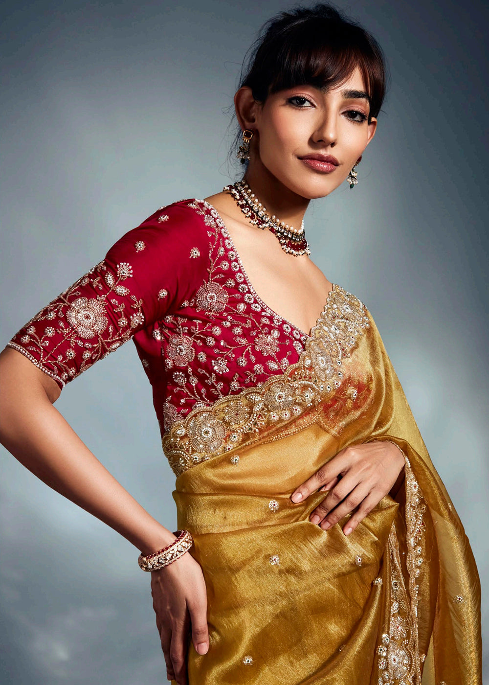 Buy Mustard Organza Khatli Work Designer Party Saree Online in USA, UK, Canada, France, Germany, Italy, Denmark, Singapore, Belgium, UAE & Worldwide at Empress.