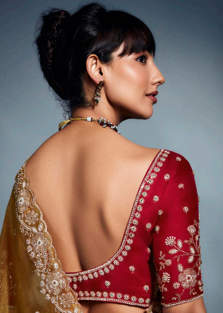 Buy Mustard Organza Khatli Work Designer Party Saree Online in USA, UK, Canada, France, Germany, Italy, Denmark, Singapore, Belgium, UAE & Worldwide at Empress.