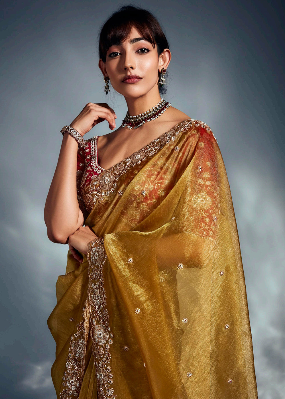 Buy Mustard Organza Khatli Work Designer Party Saree Online in USA, UK, Canada, France, Germany, Italy, Denmark, Singapore, Belgium, UAE & Worldwide at Empress.