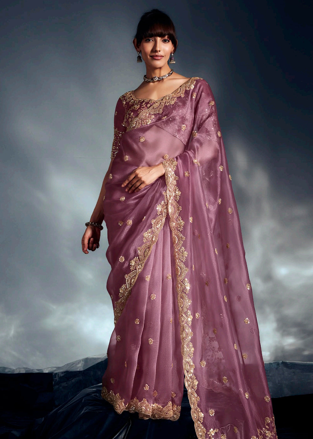 Buy Lavender Organza Khatli Work Designer Party Saree Online in USA, UK, Canada, France, Germany, Italy, Denmark, Singapore, Belgium, UAE & Worldwide at Empress.