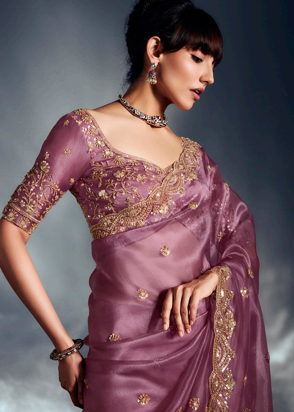 Buy Lavender Organza Khatli Work Designer Party Saree Online in USA, UK, Canada, France, Germany, Italy, Denmark, Singapore, Belgium, UAE & Worldwide at Empress.