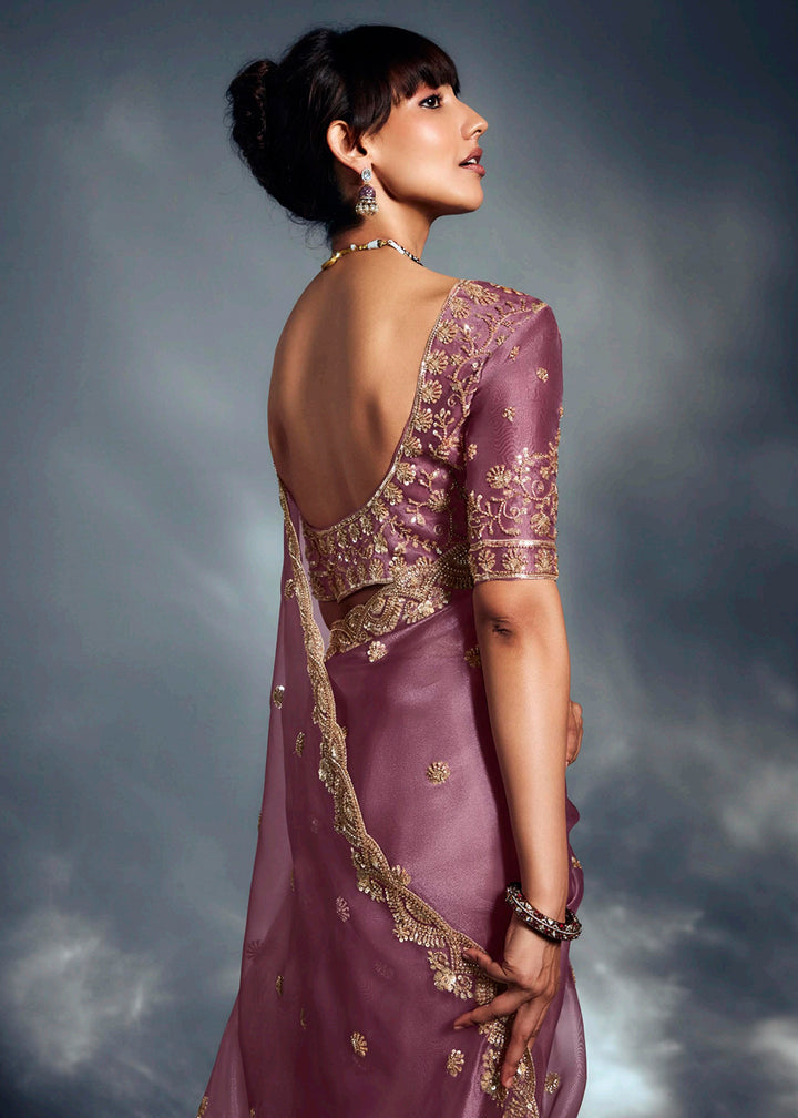 Buy Lavender Organza Khatli Work Designer Party Saree Online in USA, UK, Canada, France, Germany, Italy, Denmark, Singapore, Belgium, UAE & Worldwide at Empress.