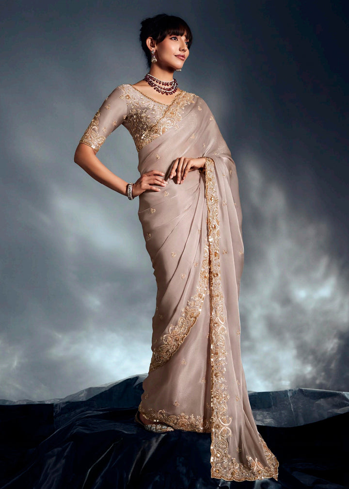 Buy Beige Organza Khatli Work Designer Party Saree Online in USA, UK, Canada, France, Germany, Italy, Denmark, Singapore, Belgium, UAE & Worldwide at Empress.
