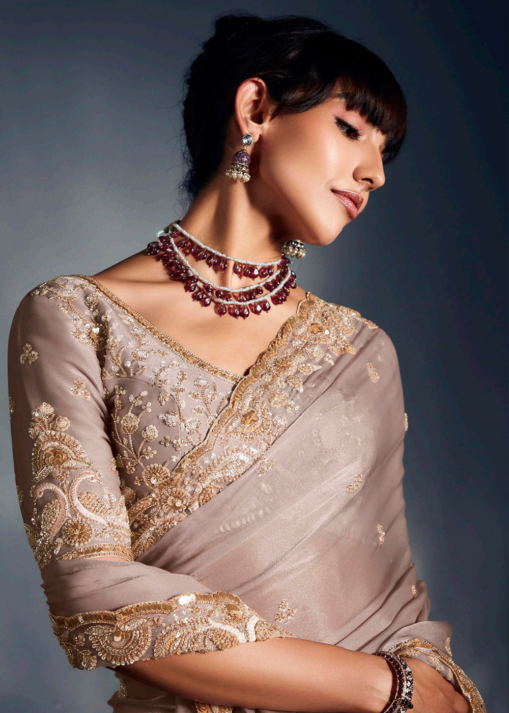 Buy Beige Organza Khatli Work Designer Party Saree Online in USA, UK, Canada, France, Germany, Italy, Denmark, Singapore, Belgium, UAE & Worldwide at Empress.