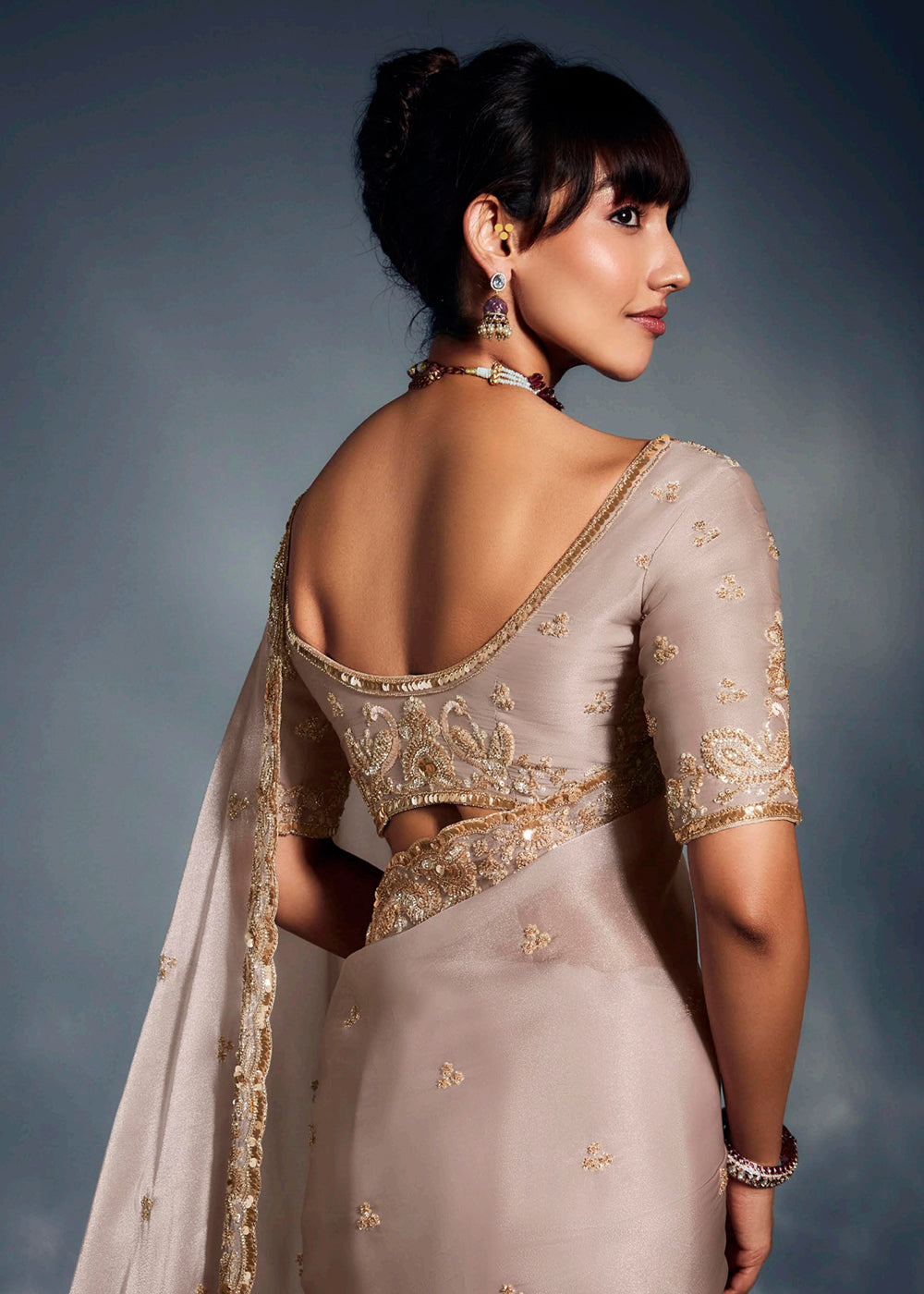 Buy Beige Organza Khatli Work Designer Party Saree Online in USA, UK, Canada, France, Germany, Italy, Denmark, Singapore, Belgium, UAE & Worldwide at Empress.