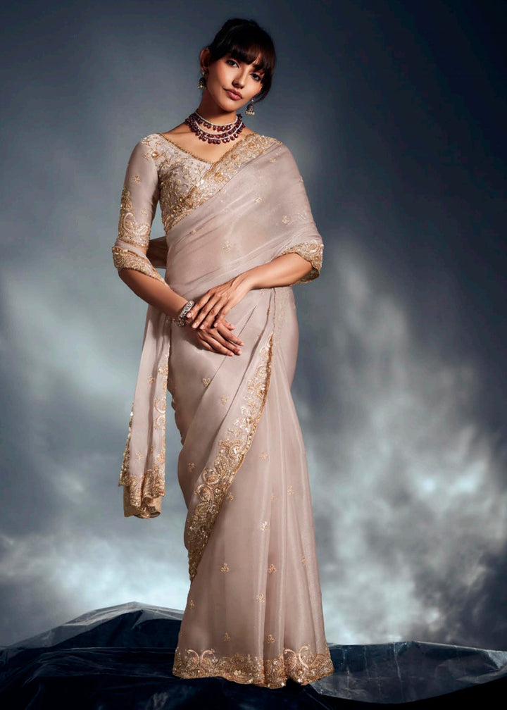 Buy Beige Organza Khatli Work Designer Party Saree Online in USA, UK, Canada, France, Germany, Italy, Denmark, Singapore, Belgium, UAE & Worldwide at Empress.
