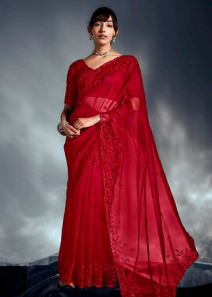 Buy Red Organza Khatli Work Designer Party Saree Online in USA, UK, Canada, France, Germany, Italy, Denmark, Singapore, Belgium, UAE & Worldwide at Empress.