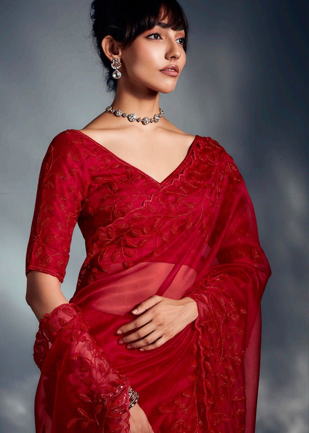 Buy Red Organza Khatli Work Designer Party Saree Online in USA, UK, Canada, France, Germany, Italy, Denmark, Singapore, Belgium, UAE & Worldwide at Empress.
