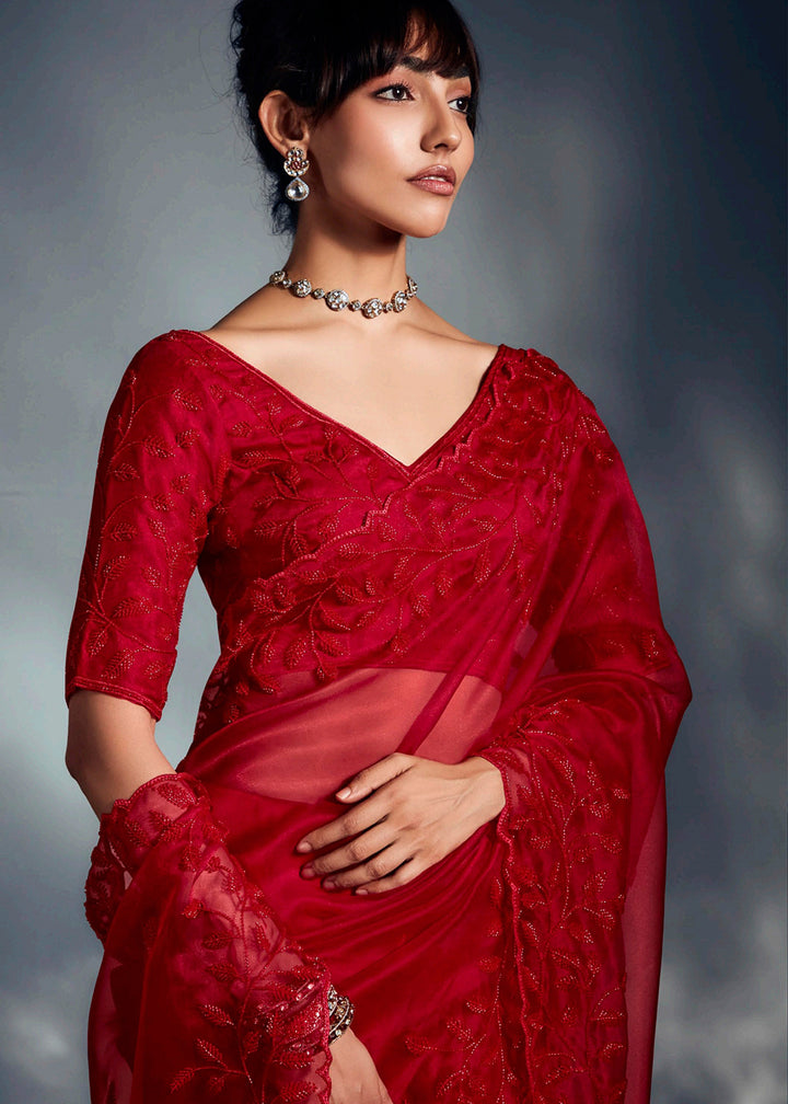 Buy Red Organza Khatli Work Designer Party Saree Online in USA, UK, Canada, France, Germany, Italy, Denmark, Singapore, Belgium, UAE & Worldwide at Empress.