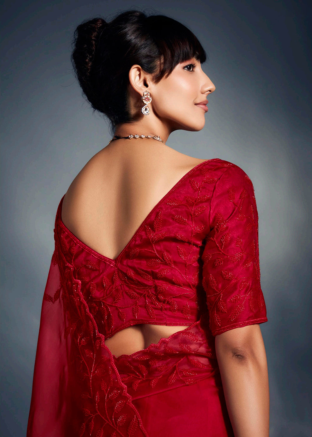 Buy Red Organza Khatli Work Designer Party Saree Online in USA, UK, Canada, France, Germany, Italy, Denmark, Singapore, Belgium, UAE & Worldwide at Empress.