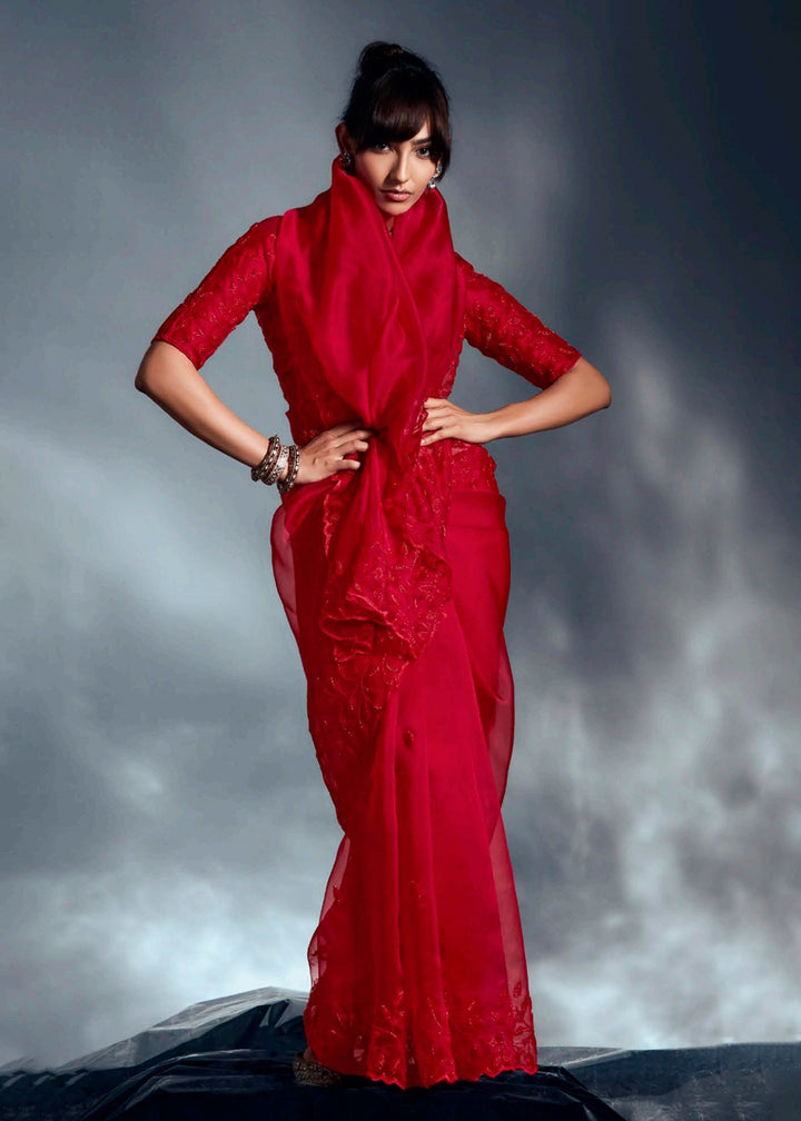 Buy Red Organza Khatli Work Designer Party Saree Online in USA, UK, Canada, France, Germany, Italy, Denmark, Singapore, Belgium, UAE & Worldwide at Empress.