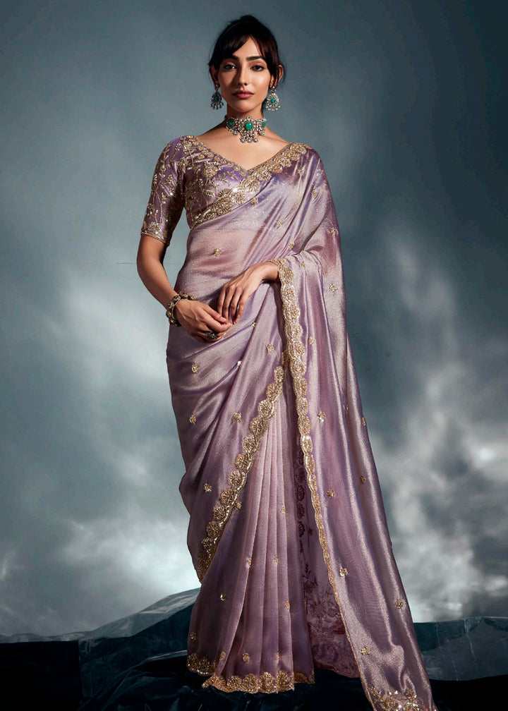 Buy Mauve Organza Khatli Work Designer Party Saree Online in USA, UK, Canada, France, Germany, Italy, Denmark, Singapore, Belgium, UAE & Worldwide at Empress.