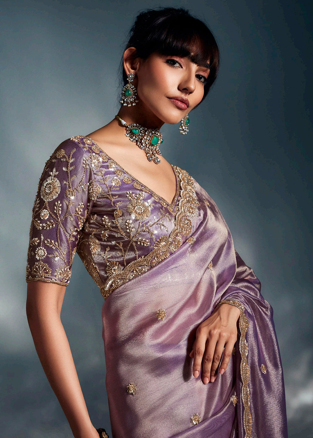 Buy Mauve Organza Khatli Work Designer Party Saree Online in USA, UK, Canada, France, Germany, Italy, Denmark, Singapore, Belgium, UAE & Worldwide at Empress.