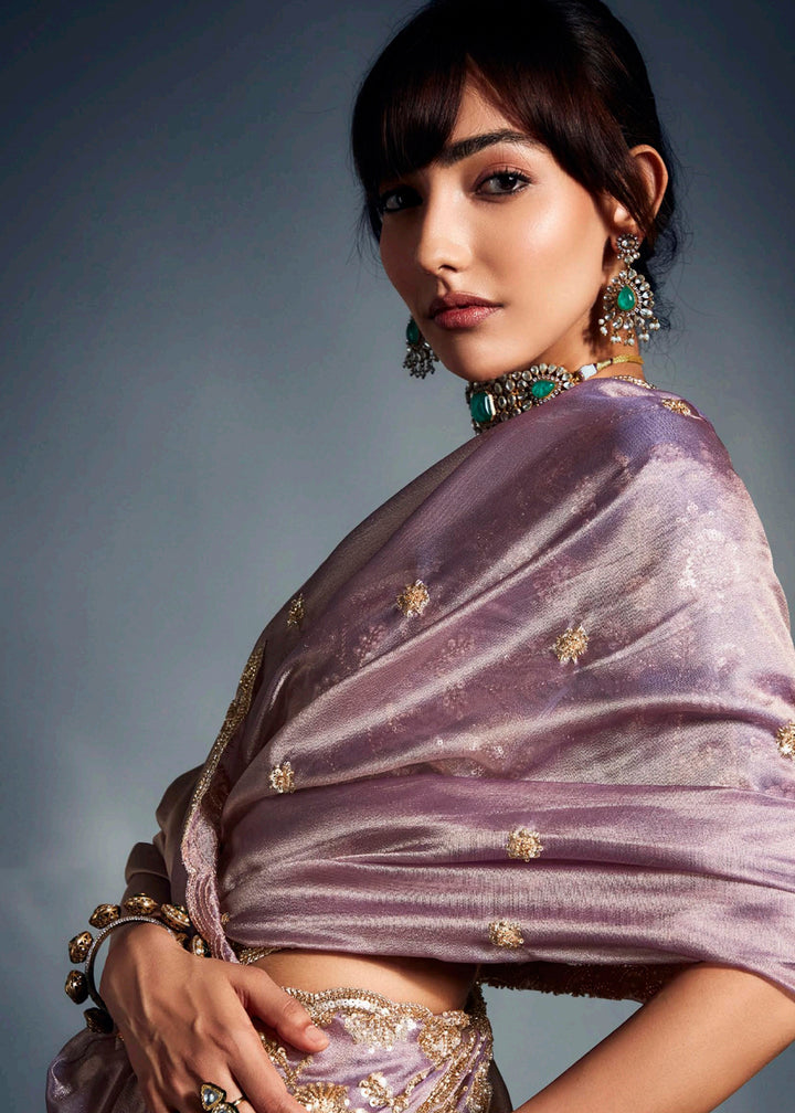 Buy Mauve Organza Khatli Work Designer Party Saree Online in USA, UK, Canada, France, Germany, Italy, Denmark, Singapore, Belgium, UAE & Worldwide at Empress.
