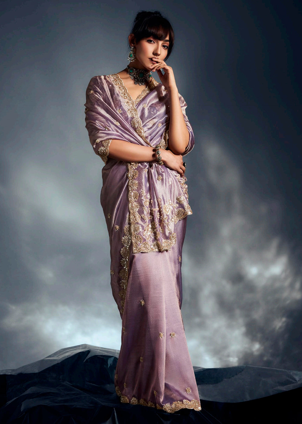 Buy Mauve Organza Khatli Work Designer Party Saree Online in USA, UK, Canada, France, Germany, Italy, Denmark, Singapore, Belgium, UAE & Worldwide at Empress.