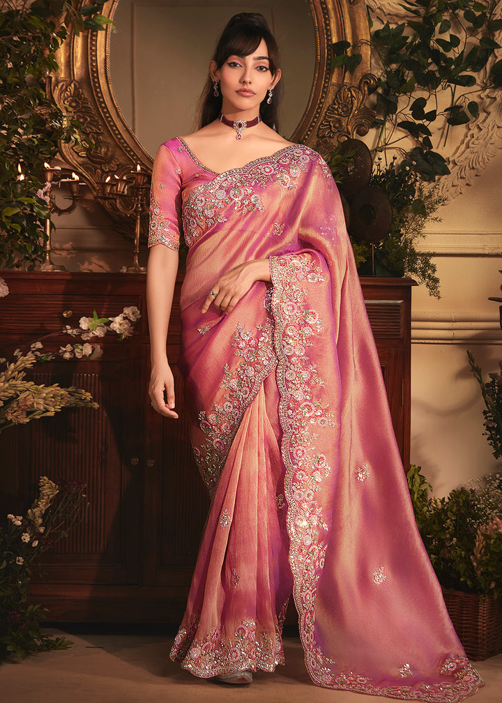 Buy Pink Tissue Organza Silk Embroidered Designer Saree Online in US, UK, Canada, France, Germany, Italy, Denmark, Singapore, Belgium & Worldwide at Empress.