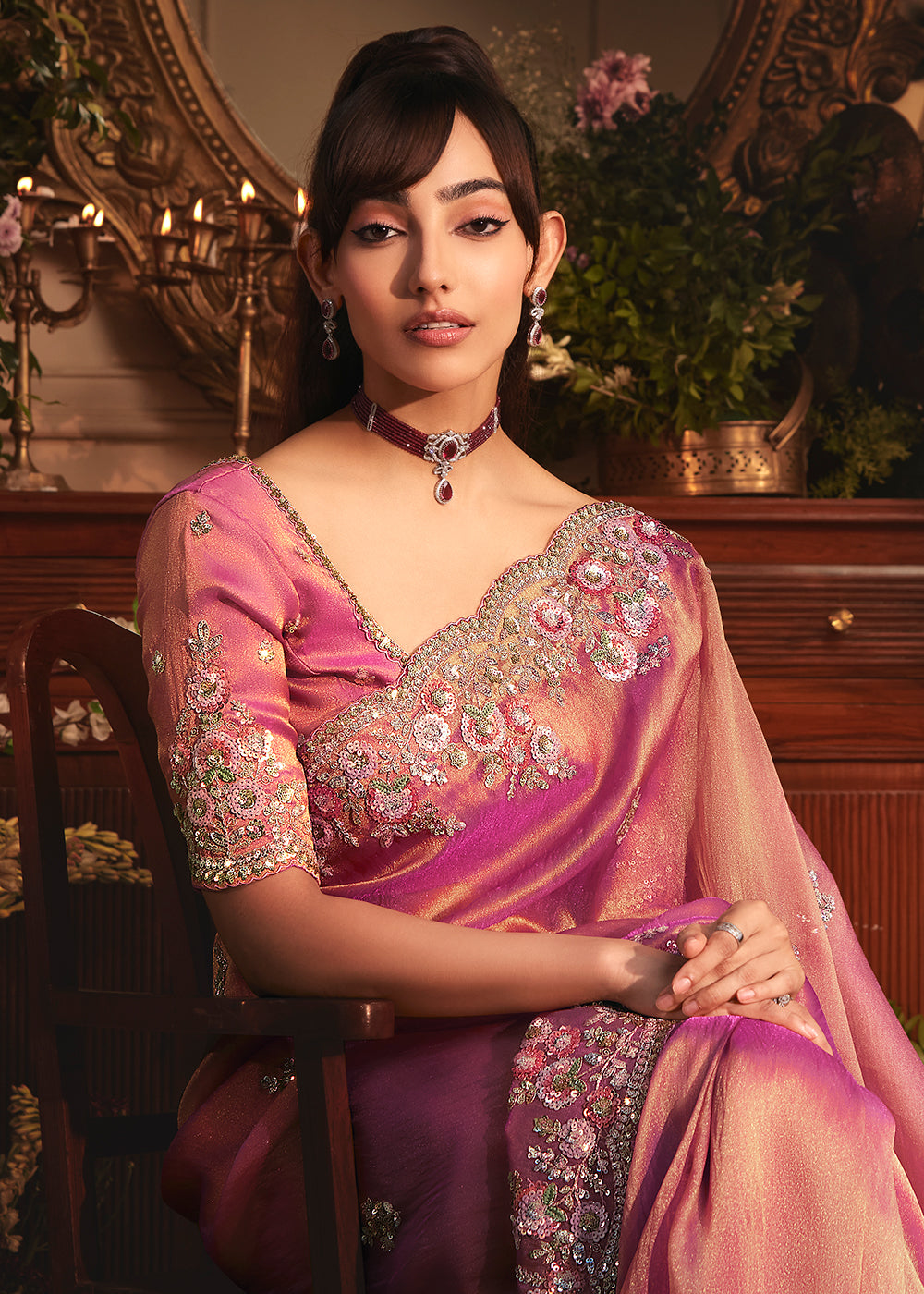Buy Pink Tissue Organza Silk Embroidered Designer Saree Online in US, UK, Canada, France, Germany, Italy, Denmark, Singapore, Belgium & Worldwide at Empress.
