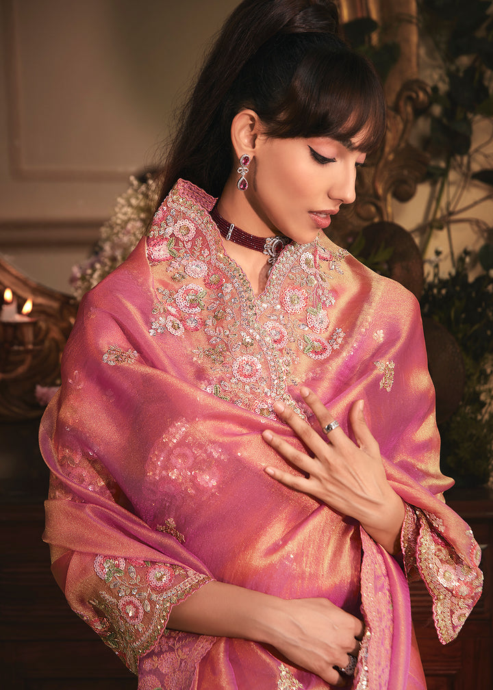Buy Pink Tissue Organza Silk Embroidered Designer Saree Online in US, UK, Canada, France, Germany, Italy, Denmark, Singapore, Belgium & Worldwide at Empress.