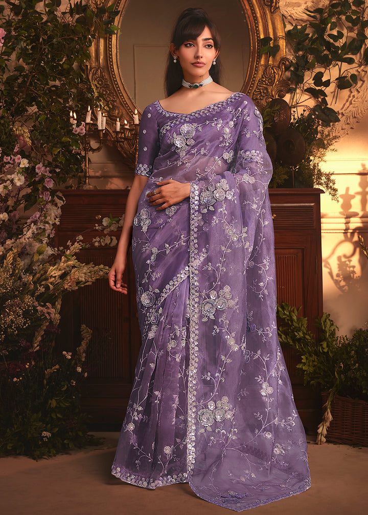 Buy Purple Tissue Organza Silk Embroidered Designer Saree Online in US, UK, Canada, France, Germany, Italy, Denmark, Singapore, Belgium & Worldwide at Empress.