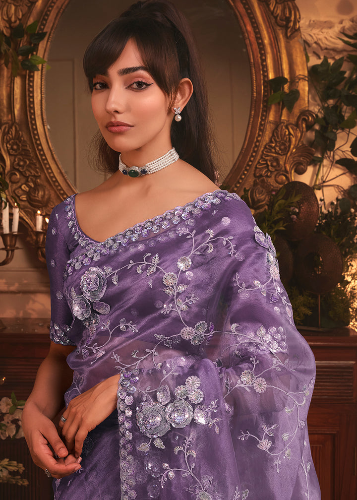 Buy Purple Tissue Organza Silk Embroidered Designer Saree Online in US, UK, Canada, France, Germany, Italy, Denmark, Singapore, Belgium & Worldwide at Empress.