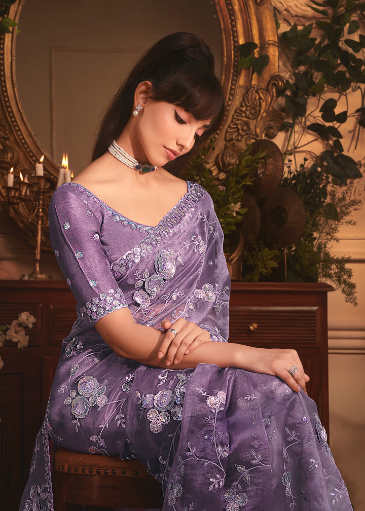 Buy Purple Tissue Organza Silk Embroidered Designer Saree Online in US, UK, Canada, France, Germany, Italy, Denmark, Singapore, Belgium & Worldwide at Empress.