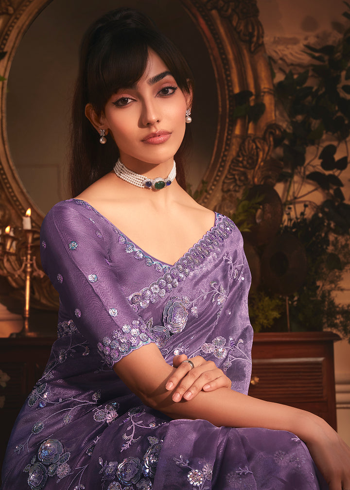 Buy Purple Tissue Organza Silk Embroidered Designer Saree Online in US, UK, Canada, France, Germany, Italy, Denmark, Singapore, Belgium & Worldwide at Empress.