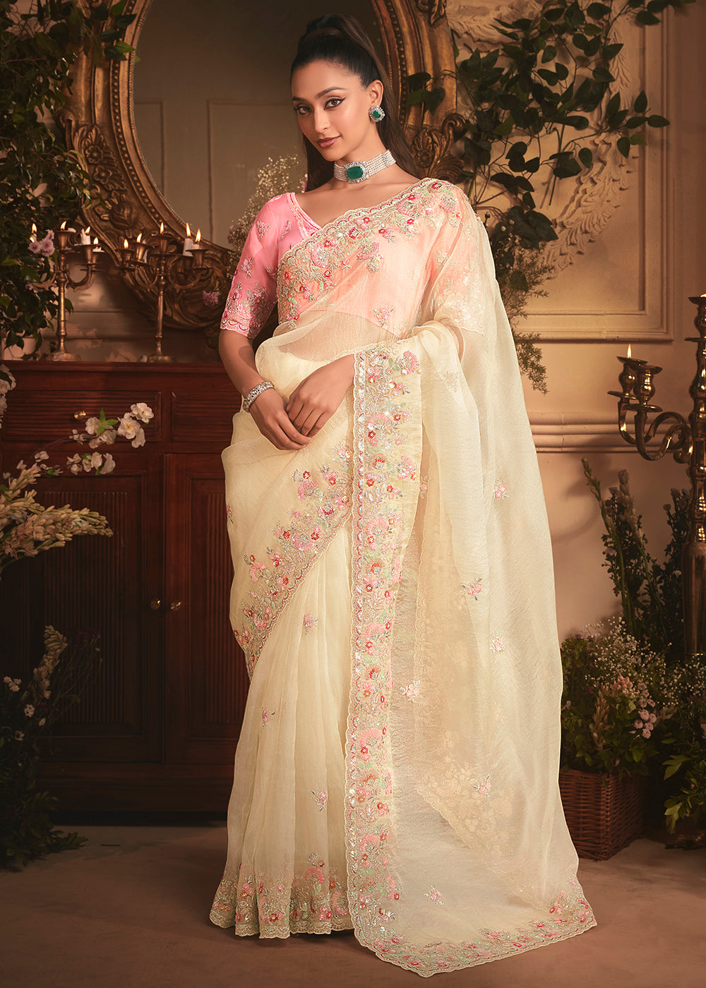 Buy Cream Tissue Organza Silk Embroidered Designer Saree Online in US, UK, Canada, France, Germany, Italy, Denmark, Singapore, Belgium & Worldwide at Empress.