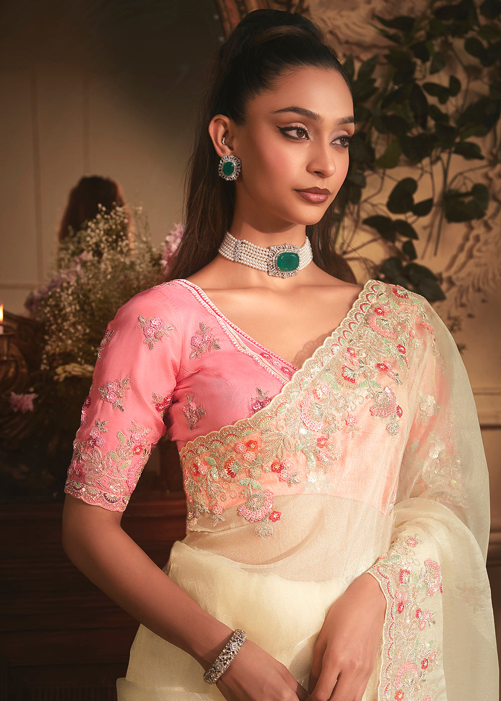 Buy Cream Tissue Organza Silk Embroidered Designer Saree Online in US, UK, Canada, France, Germany, Italy, Denmark, Singapore, Belgium & Worldwide at Empress.