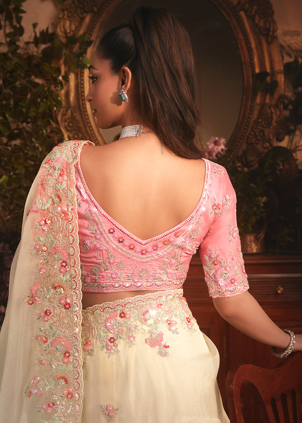 Buy Cream Tissue Organza Silk Embroidered Designer Saree Online in US, UK, Canada, France, Germany, Italy, Denmark, Singapore, Belgium & Worldwide at Empress.