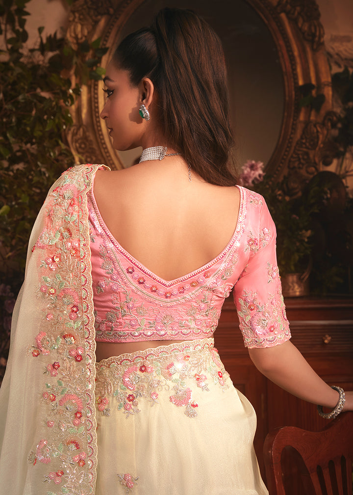 Buy Cream Tissue Organza Silk Embroidered Designer Saree Online in US, UK, Canada, France, Germany, Italy, Denmark, Singapore, Belgium & Worldwide at Empress.