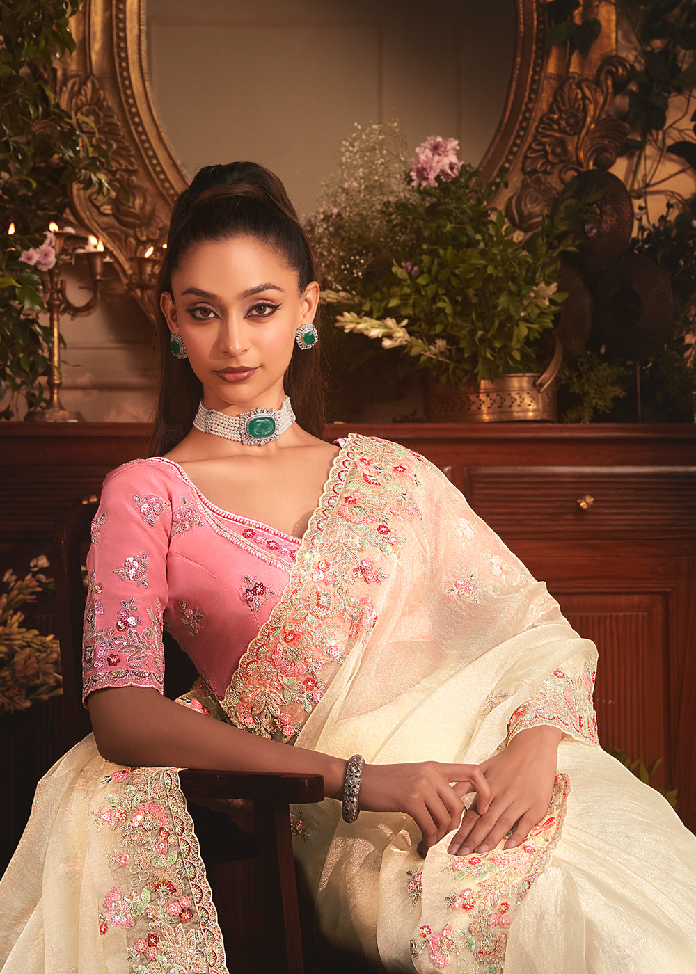 Buy Cream Tissue Organza Silk Embroidered Designer Saree Online in US, UK, Canada, France, Germany, Italy, Denmark, Singapore, Belgium & Worldwide at Empress.