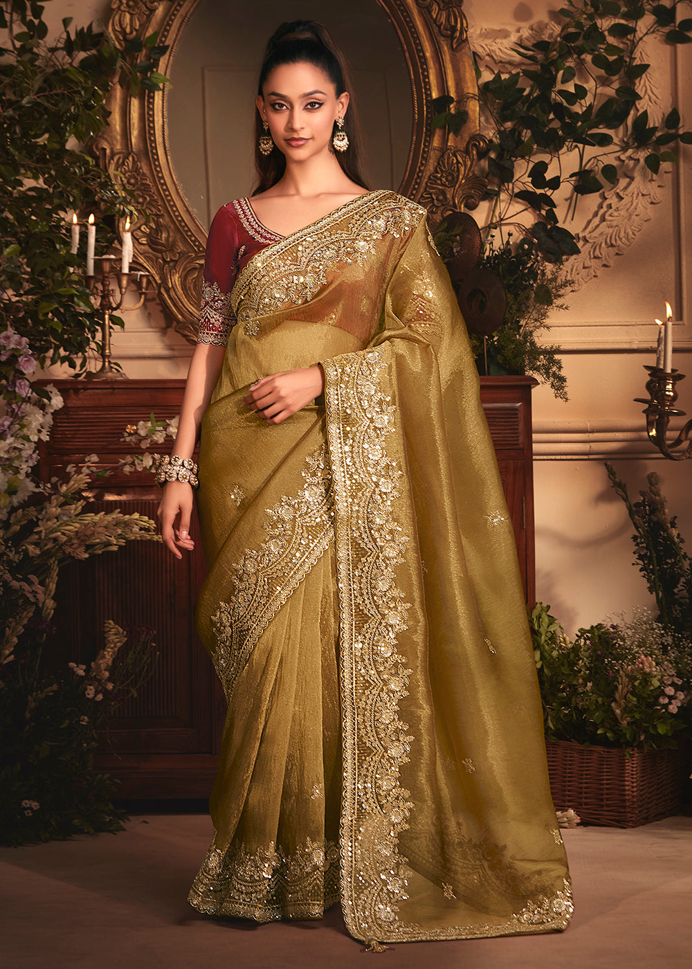 Buy Dusty Gold Tissue Organza Silk Embroidered Designer Saree Online in US, UK, Canada, France, Germany, Italy, Denmark, Singapore, Belgium & Worldwide at Empress.