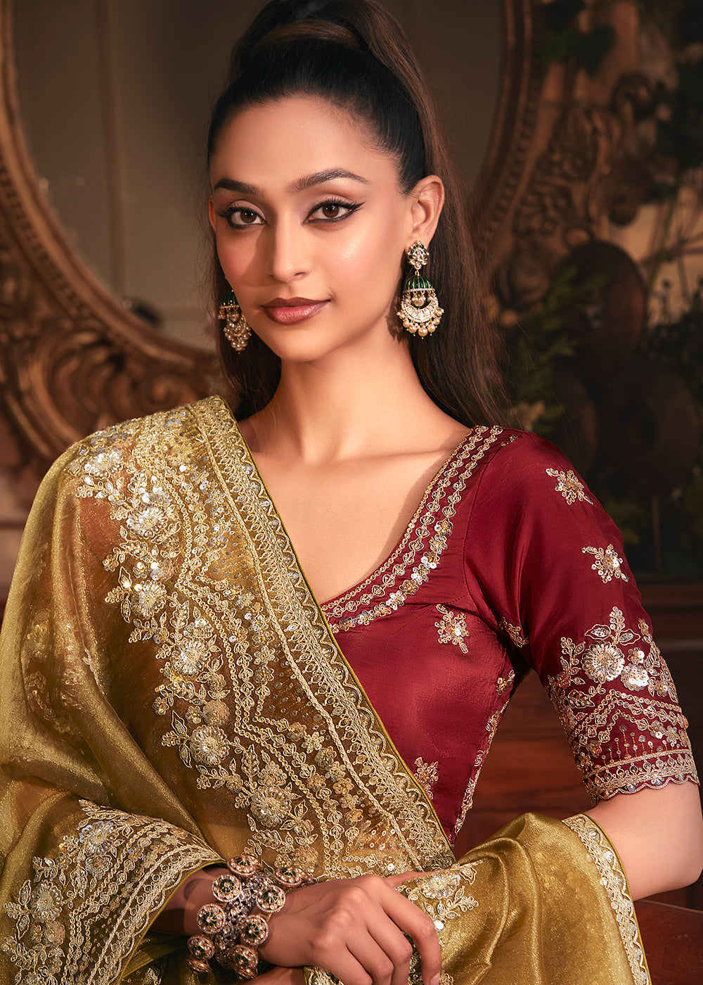 Buy Dusty Gold Tissue Organza Silk Embroidered Designer Saree Online in US, UK, Canada, France, Germany, Italy, Denmark, Singapore, Belgium & Worldwide at Empress.