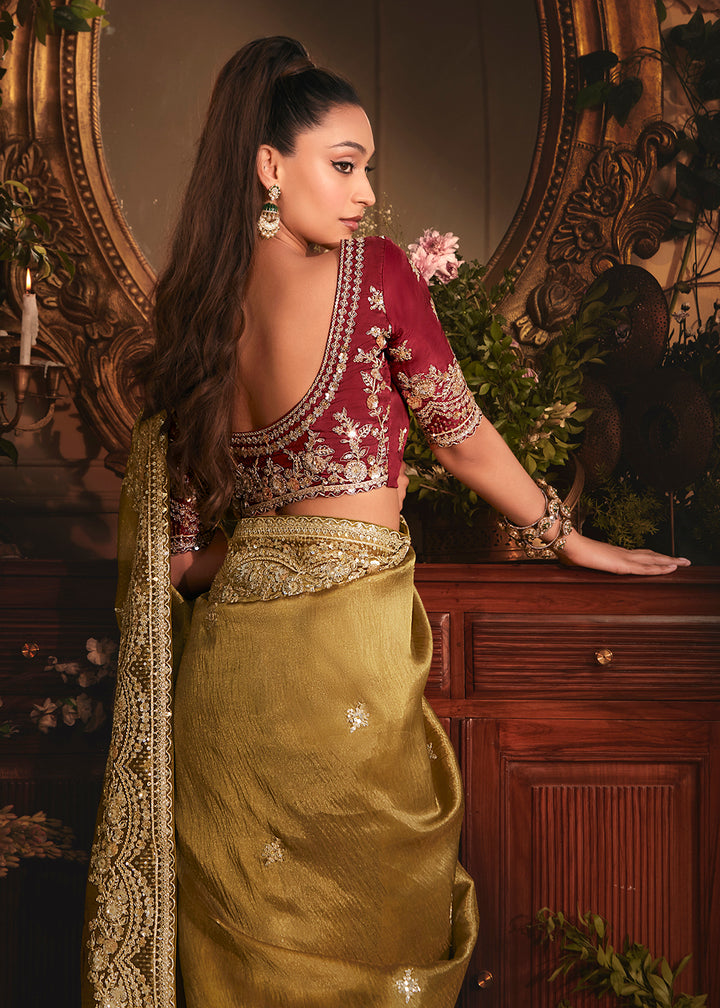 Buy Dusty Gold Tissue Organza Silk Embroidered Designer Saree Online in US, UK, Canada, France, Germany, Italy, Denmark, Singapore, Belgium & Worldwide at Empress.