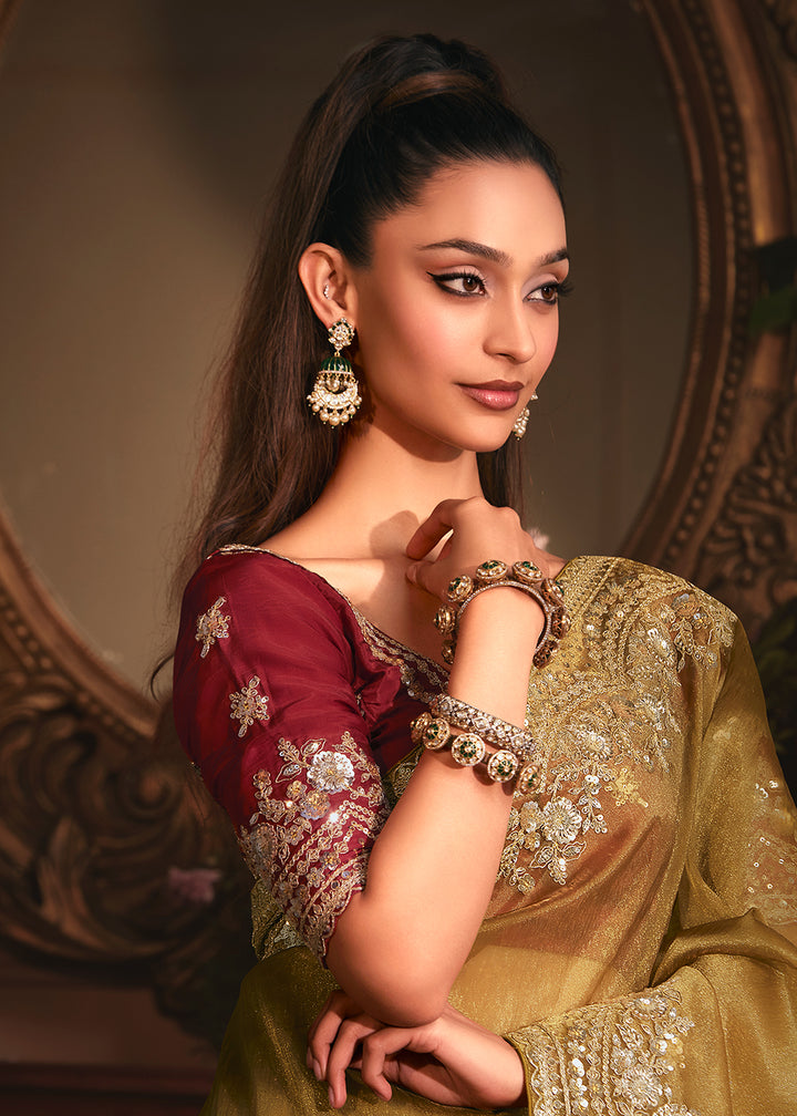 Buy Dusty Gold Tissue Organza Silk Embroidered Designer Saree Online in US, UK, Canada, France, Germany, Italy, Denmark, Singapore, Belgium & Worldwide at Empress.