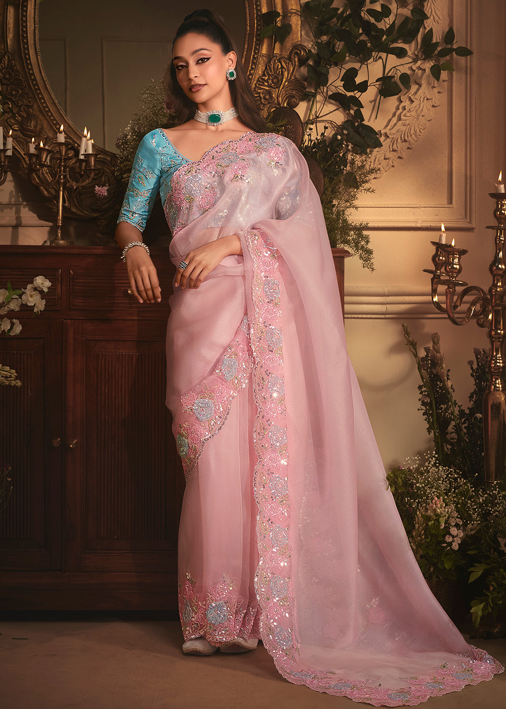 Buy Pink Tissue Organza Silk Embroidered Designer Saree Online in US, UK, Canada, France, Germany, Italy, Denmark, Singapore, Belgium & Worldwide at Empress.