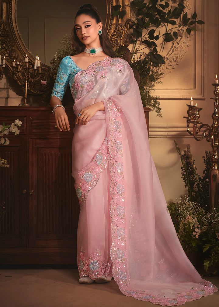 Buy Pink Tissue Organza Silk Embroidered Designer Saree Online in US, UK, Canada, France, Germany, Italy, Denmark, Singapore, Belgium & Worldwide at Empress.