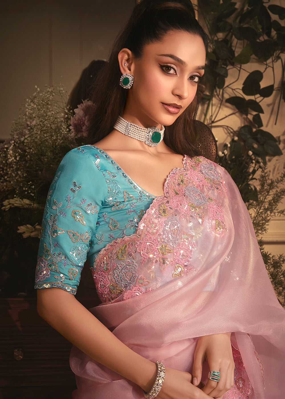 Buy Pink Tissue Organza Silk Embroidered Designer Saree Online in US, UK, Canada, France, Germany, Italy, Denmark, Singapore, Belgium & Worldwide at Empress.